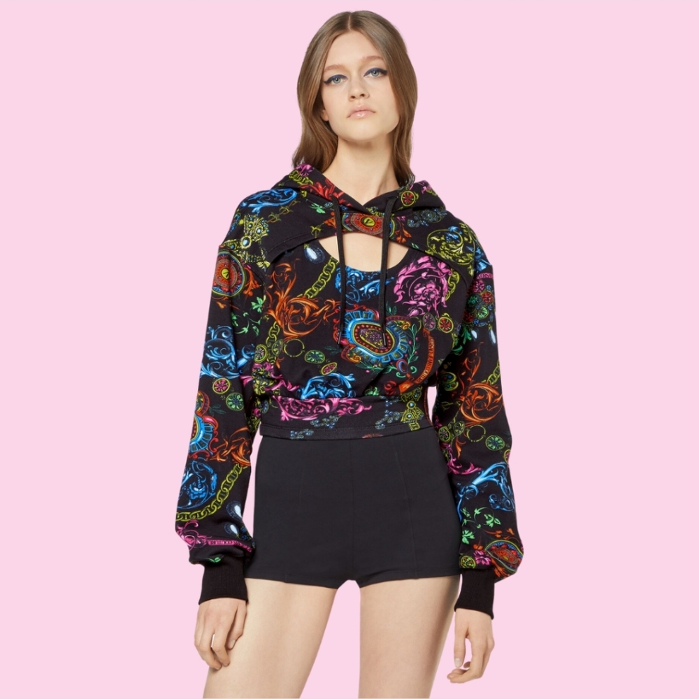 Versace Jeans Couture Hoodie Regalia Baroque Bijoux Multicolor Crop Keyhole NEW